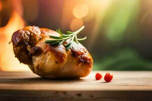 chicken on a wooden table with a fire in the background. AI-Generated photo