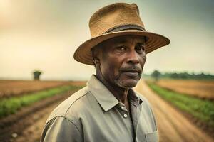 a man in a hat stands in a field. AI-Generated photo