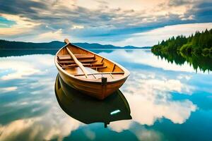 un barco flotante en calma agua con nubes y arboles generado por ai foto