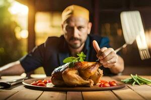 un hombre participación un cuchillo y tenedor mientras participación un asado pollo. generado por ai foto