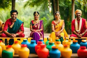 un grupo de personas en vistoso saris sentado en un banco. generado por ai foto