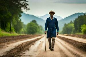 a man walking down a dirt road with a cane. AI-Generated photo