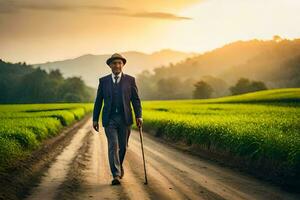 a man in a suit and hat walking down a dirt road. AI-Generated photo