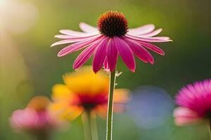 a pink flower is in the foreground with the sun shining. AI-Generated photo