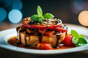 a plate with a dessert topped with strawberries and syrup. AI-Generated photo