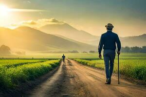 a man walking down a dirt road with a cane. AI-Generated photo