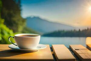 un taza de café en un de madera mesa en frente de un lago. generado por ai foto