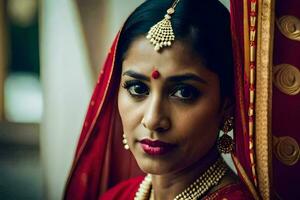 un hermosa indio novia en rojo y oro. generado por ai foto