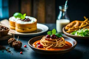spaghetti, bread and other food on a table. AI-Generated photo