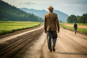 a man in a suit walks down a dirt road. AI-Generated photo