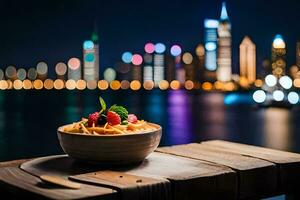 pasta in a bowl with city lights in the background. AI-Generated photo