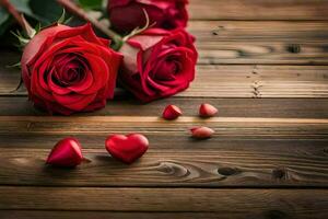 red roses and hearts on a wooden table. AI-Generated photo