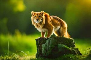 photo wallpaper the sun, lion, animal, nature, the forest, the animal, the lion. AI-Generated