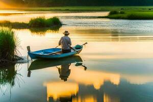 a man in a boat on a lake at sunset. AI-Generated photo