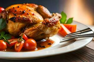 un pollo en un plato con Tomates y hierbas. generado por ai foto