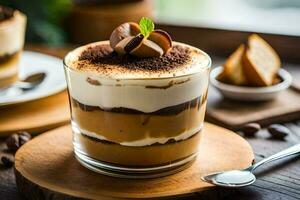 a dessert with coffee and chocolate on a wooden table. AI-Generated photo