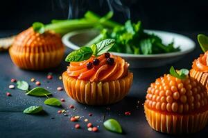 small cupcakes with carrots and herbs on a black background. AI-Generated photo