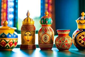 colorful vases with designs on them on a table. AI-Generated photo