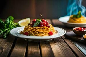 spaghetti with cherry tomatoes and basil leaves on a wooden table. AI-Generated photo