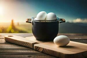 eggs in a pot on a wooden table. AI-Generated photo