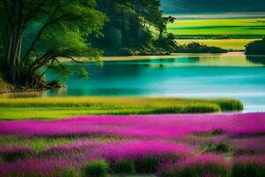 un hermosa lago con púrpura flores y verde césped. generado por ai foto