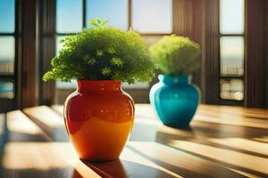 two vases with plants sitting on a table. AI-Generated photo