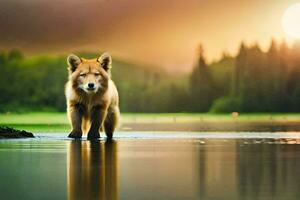 a fox is walking across the water at sunset. AI-Generated photo