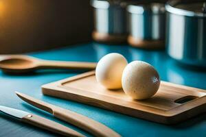 two eggs on a cutting board with knives and a pot. AI-Generated photo