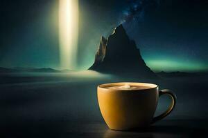 a coffee cup with a mountain in the background. AI-Generated photo