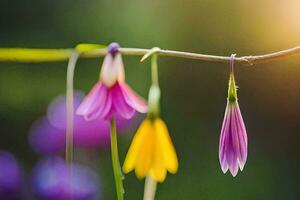 colorful flowers hanging from a branch. AI-Generated photo