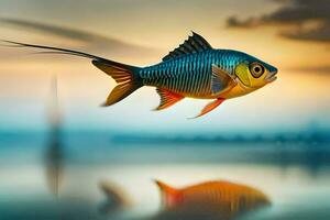 un pescado es volador terminado el agua a puesta de sol. generado por ai foto