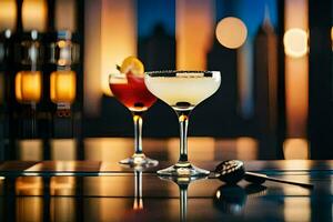 two cocktails sit on a bar with a city skyline in the background. AI-Generated photo