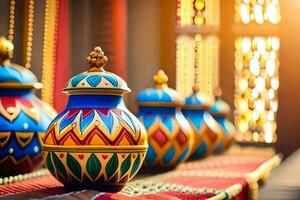 colorful vases are lined up on a table. AI-Generated photo