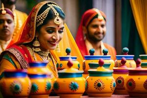 a bride and groom in traditional indian attire. AI-Generated photo