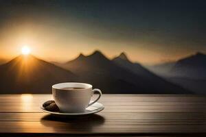 a cup of coffee on a wooden table with mountains in the background. AI-Generated photo