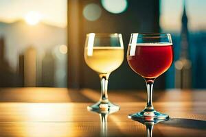 dos lentes de vino en un mesa con un ciudad en el antecedentes. generado por ai foto