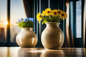 two vases with flowers sitting on a table in front of a window. AI-Generated photo