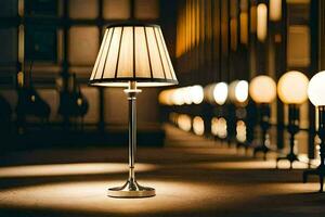 a lamp is sitting on a table in a dark room. AI-Generated photo