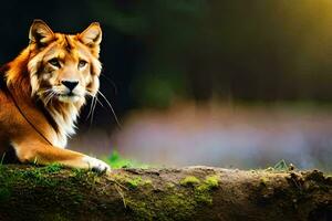 a lion is sitting on a log in the woods. AI-Generated photo