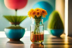 amarillo flores en un vaso florero en un mesa. generado por ai foto