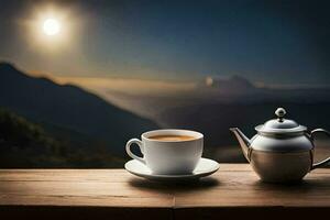 a cup of coffee and a teapot on a wooden table in front of a mountain view. AI-Generated photo