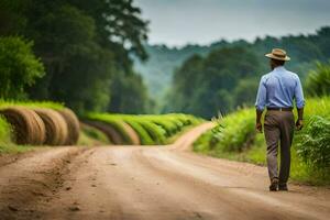 un hombre en un sombrero camina abajo un suciedad la carretera. generado por ai foto