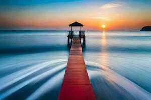 a long exposure photograph of a pier at sunset. AI-Generated photo