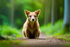 a small brown dog sitting on the ground in the woods. AI-Generated photo