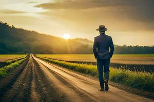 un hombre en un traje camina abajo un suciedad la carretera a puesta de sol. generado por ai foto