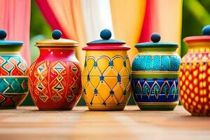 colorful ceramic jars with colorful designs on them. AI-Generated photo