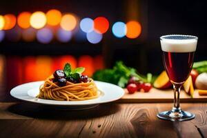 un plato de espaguetis y un vaso de rojo vino en un mesa. generado por ai foto