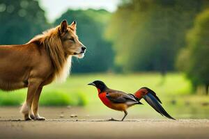 un león y un pájaro en pie siguiente a cada otro. generado por ai foto