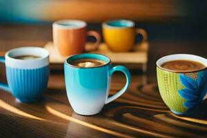 five different colored coffee cups on a wooden table. AI-Generated photo