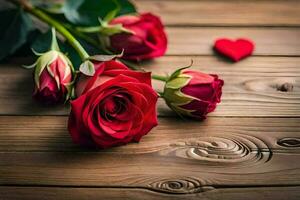 red roses on a wooden table. AI-Generated photo